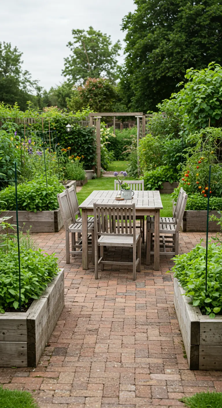 Ensemble repas en bois au milieu d'un potager avec des bacs de culture surélevés.