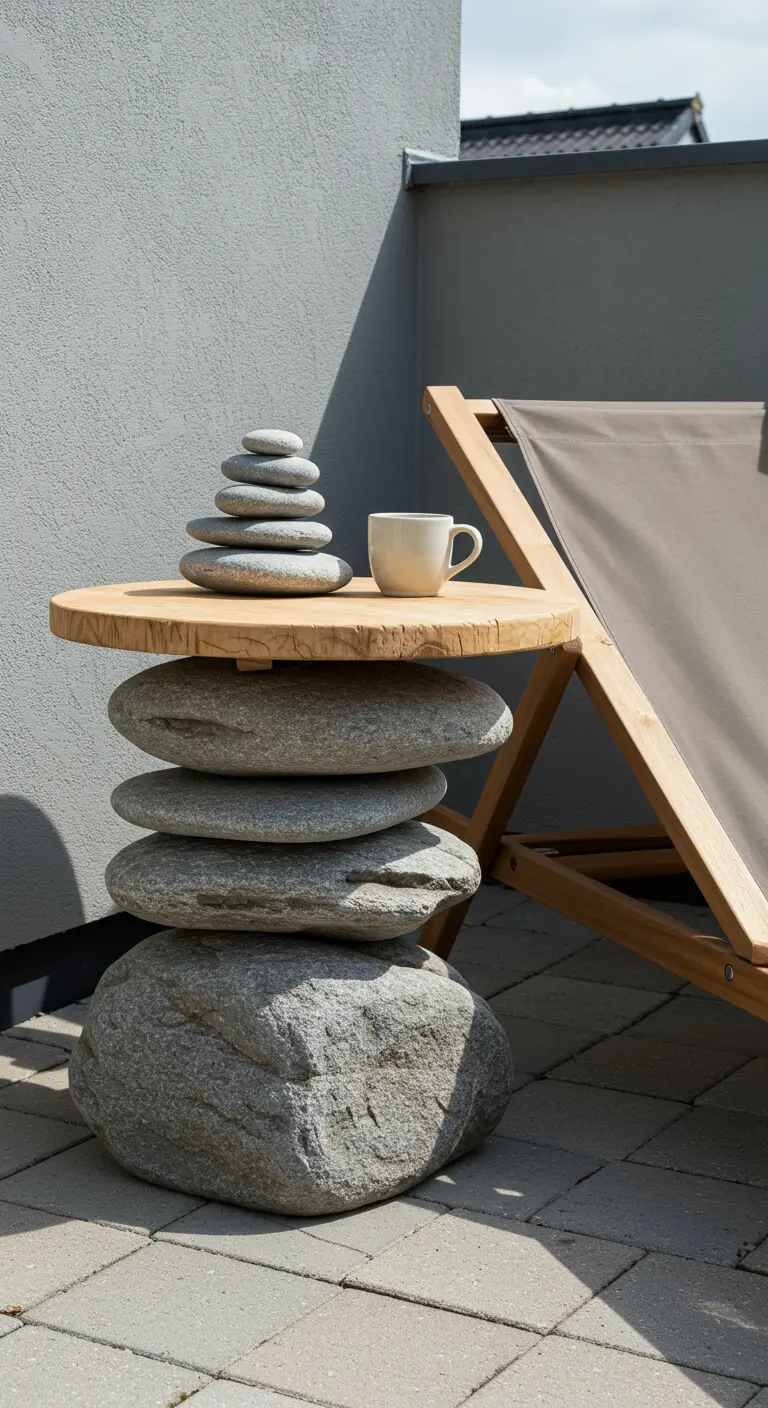 Table d'appoint originale avec un pied fait de galets empilés et un plateau en bois.