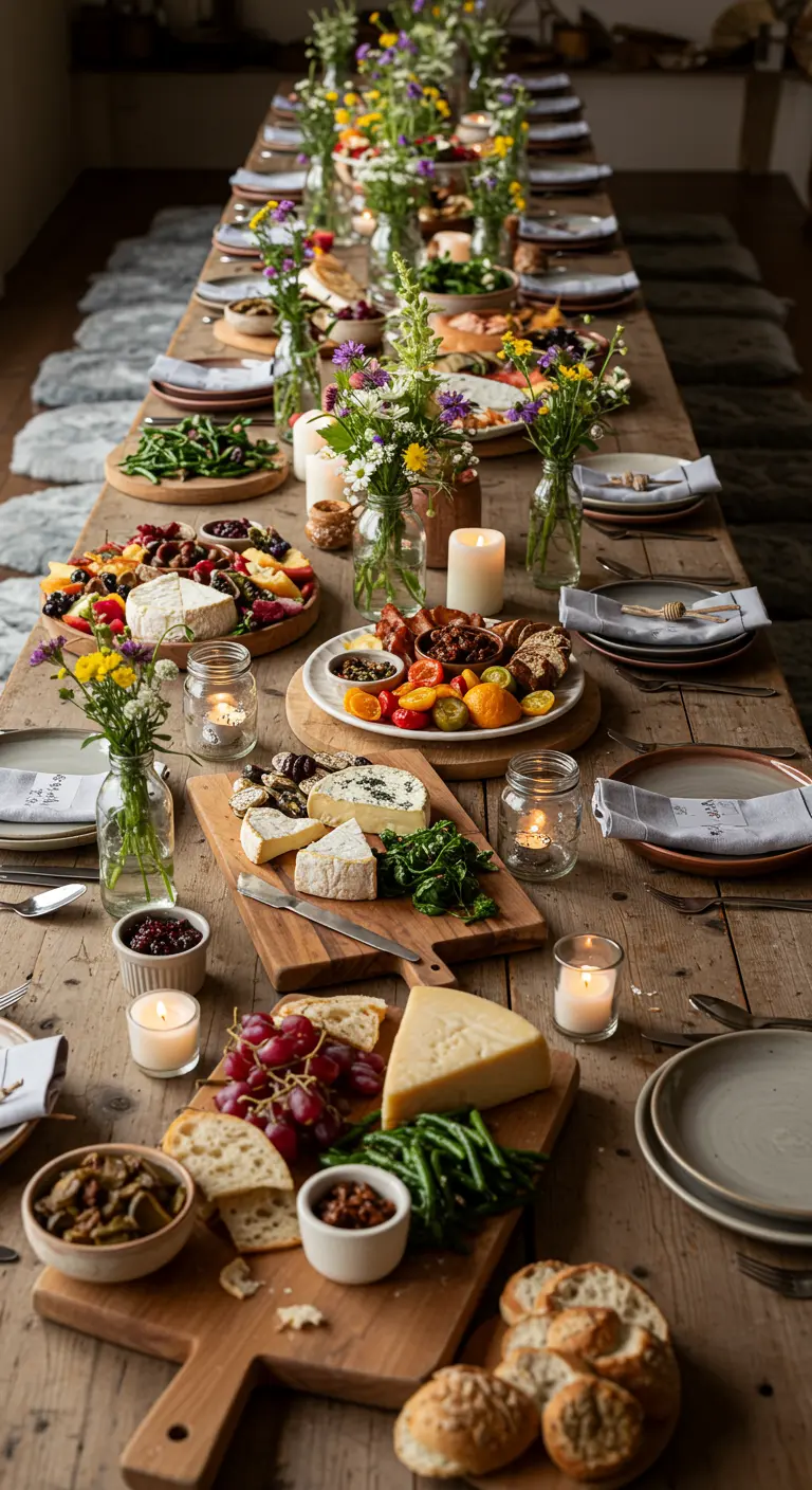 Longue table en bois couverte de planches de fromages, de fruits et de pains.