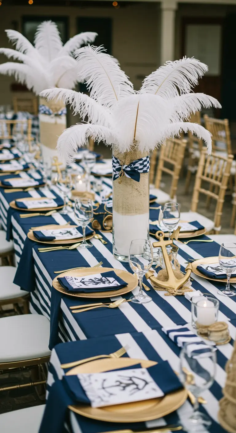 Table de fête élégante avec une nappe à rayures bleues et des détails dorés