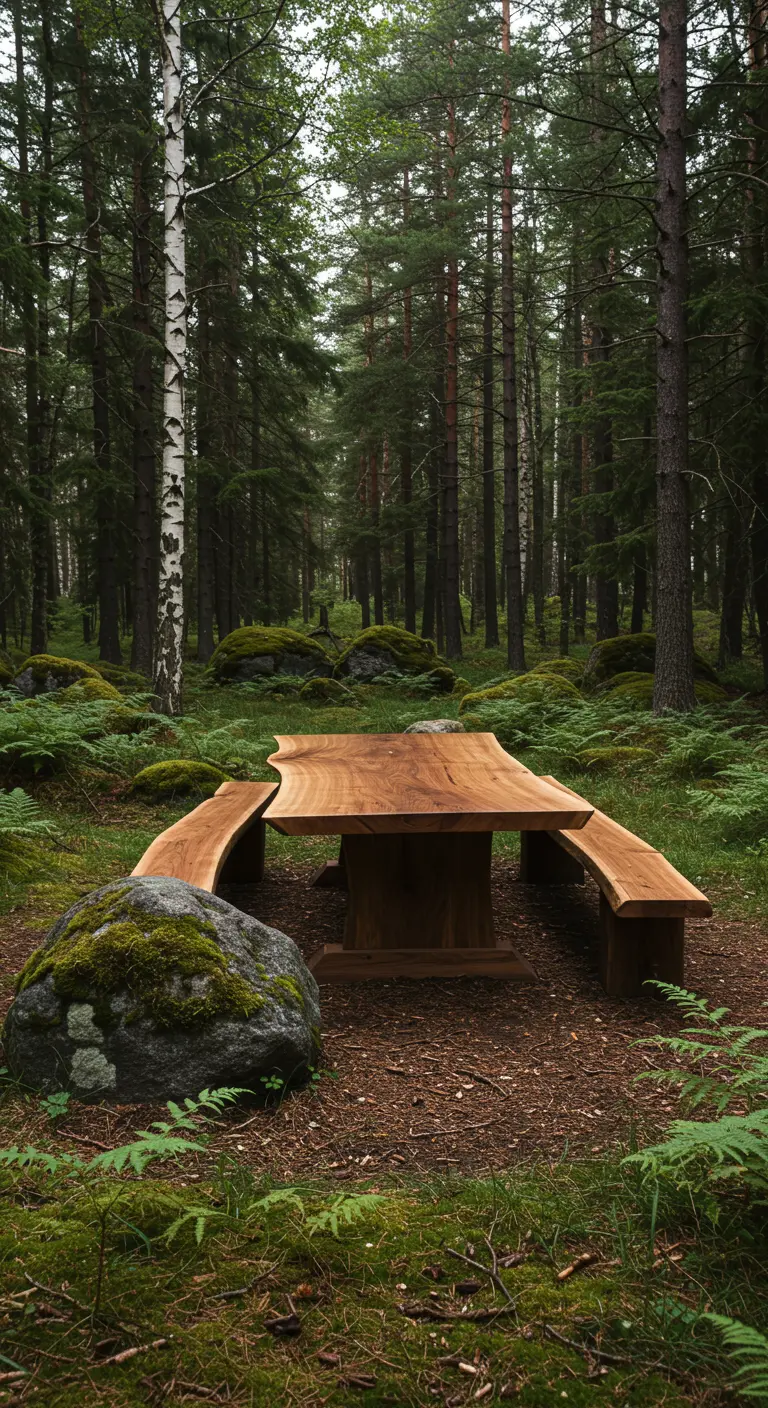 Table et bancs en bois brut au milieu d'une forêt de pins et de fougères.