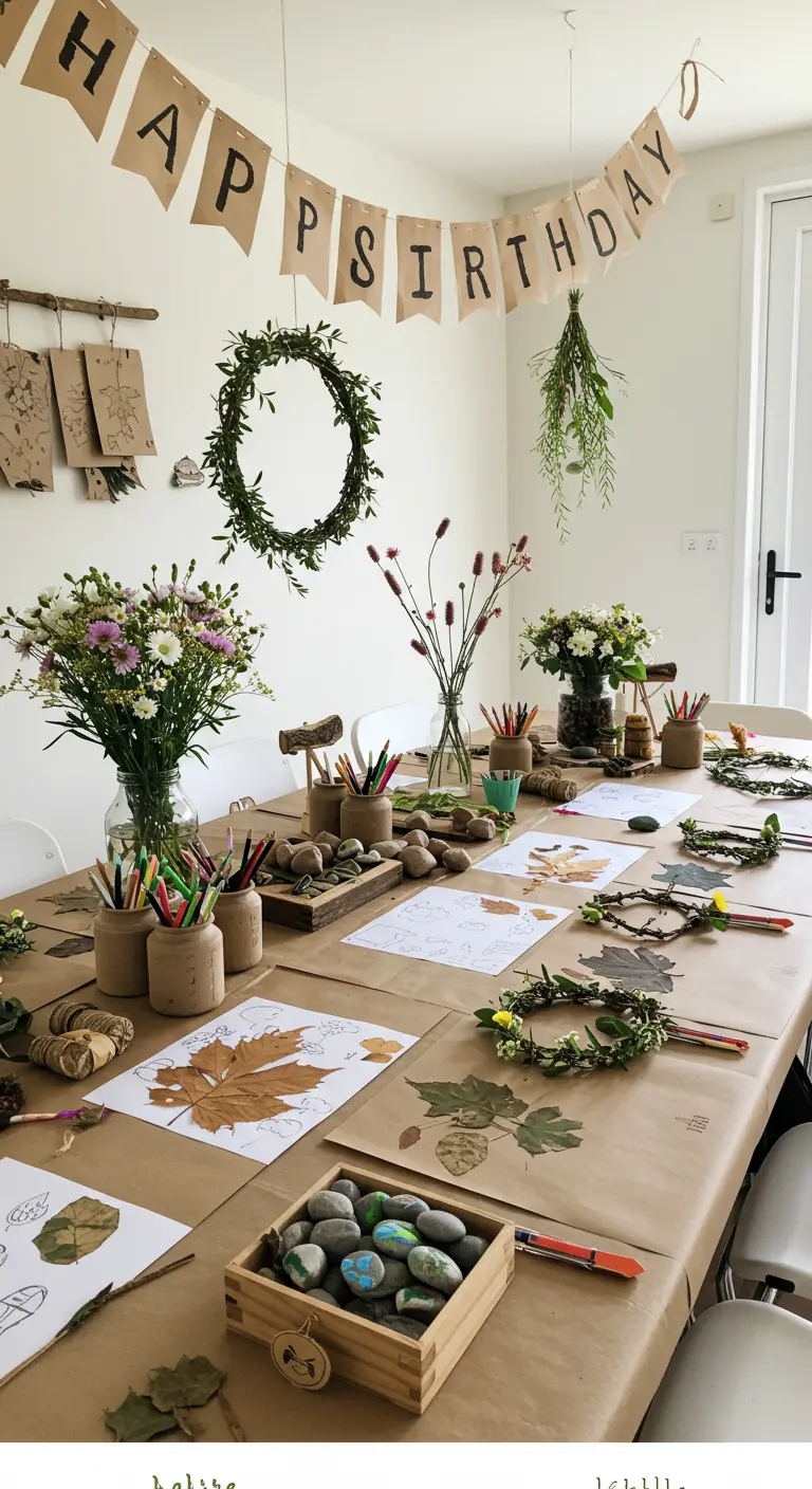 Table de bricolage nature pour enfants avec feuilles, galets et couronnes de lierre.