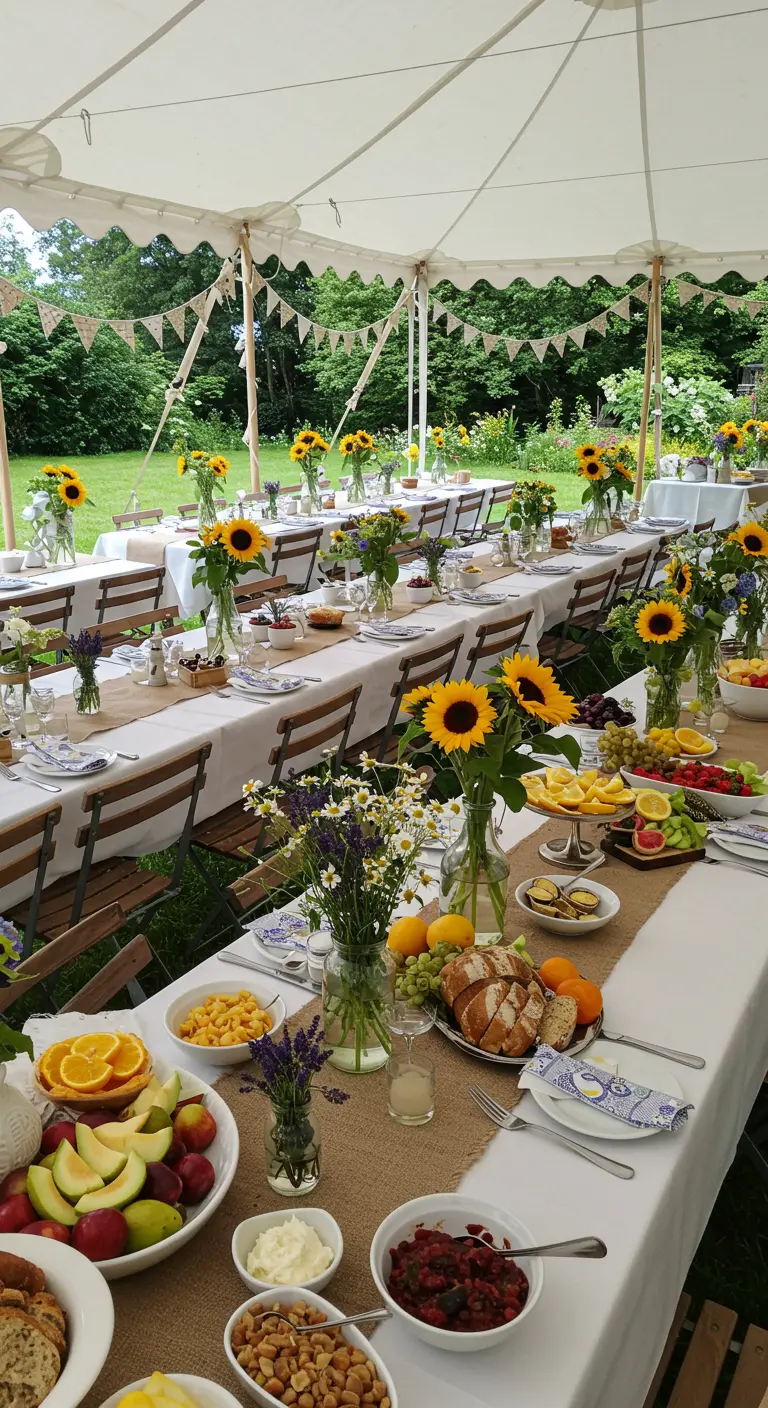 Longue table de fête sous une tente, décorée de tournesols, de lavande et de fruits frais.