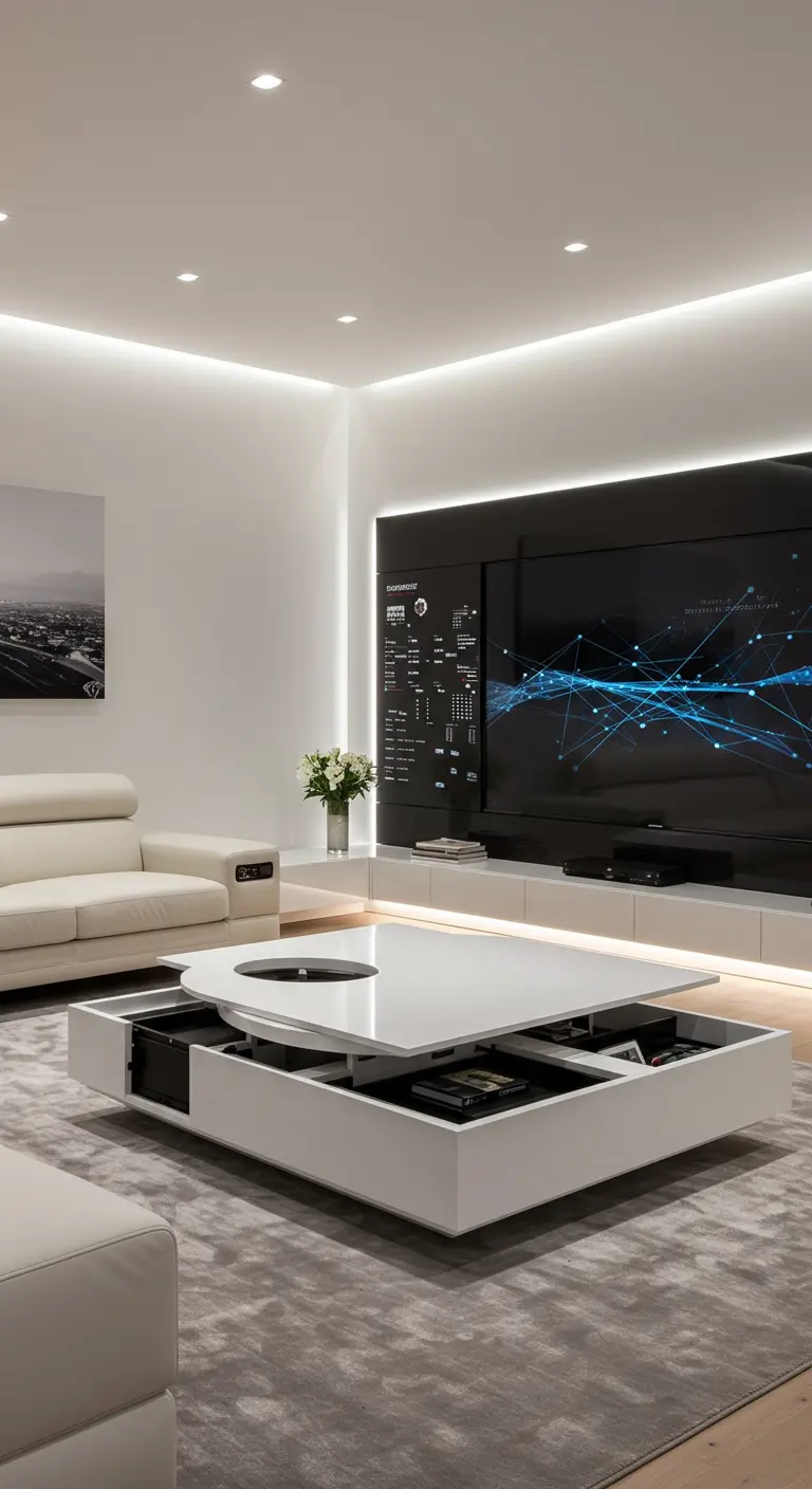 Table basse blanche moderne avec un plateau relevable qui révèle des rangements internes.