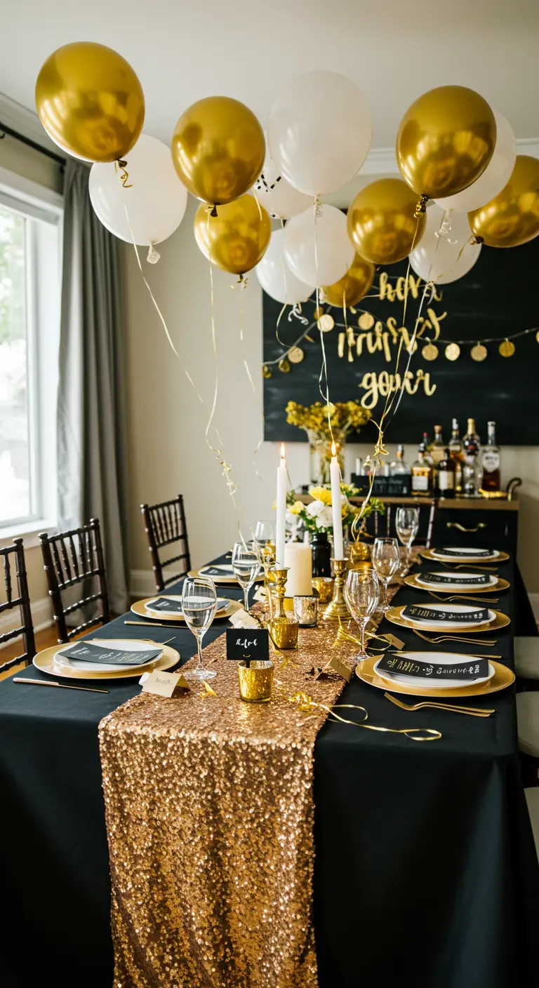 Table de fête avec chemin de table à paillettes dorées et ballons flottants.