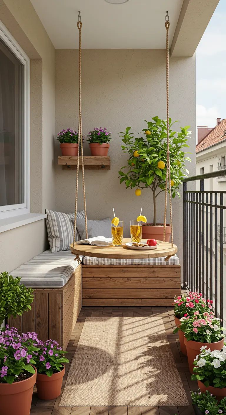 Table d'appoint ronde en bois suspendue par des cordes au-dessus d'une banquette de balcon.