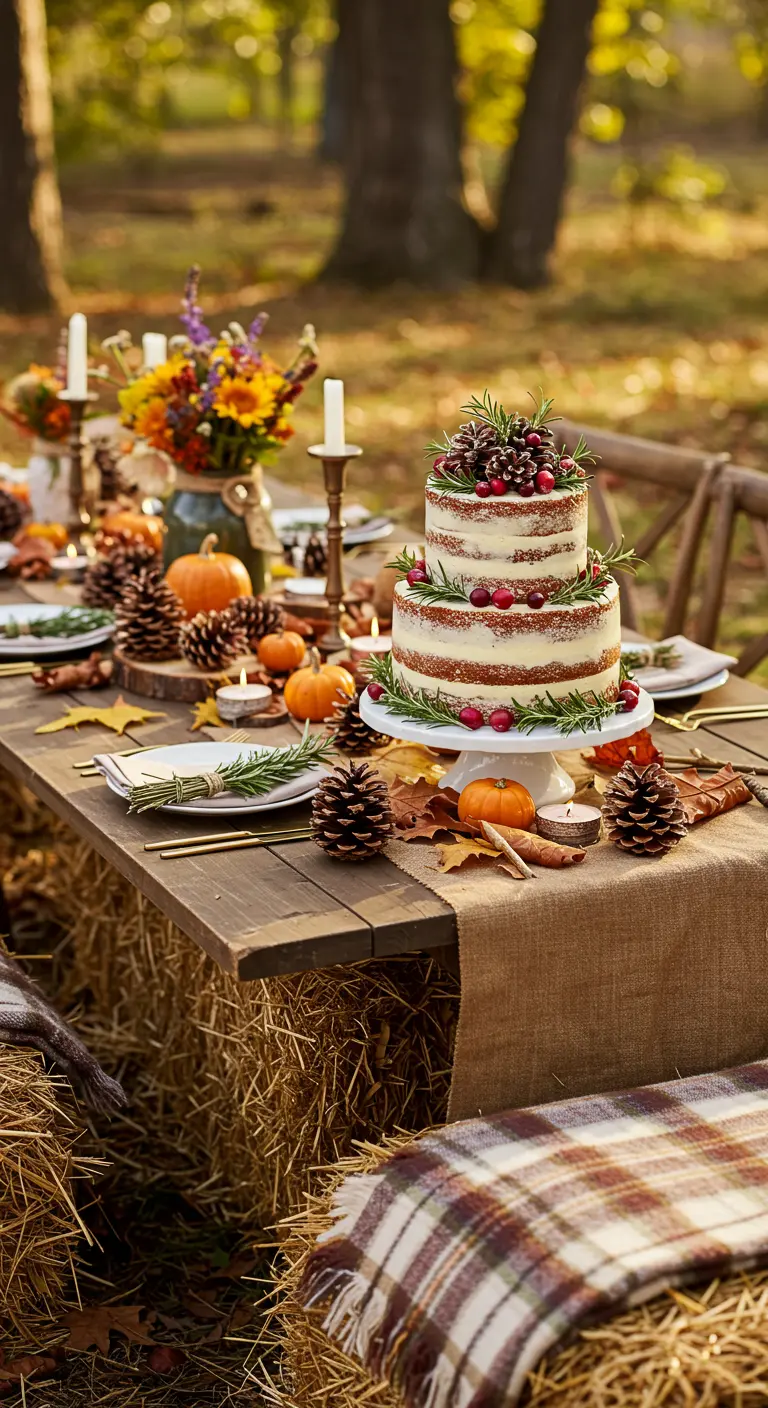 Table d'automne avec gâteau, pommes de pin, et bottes de paille en guise de bancs.