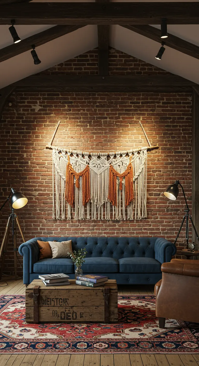 Grande tapisserie macramé beige et ocre sur un mur de briques rouges dans un salon industriel-bohème.