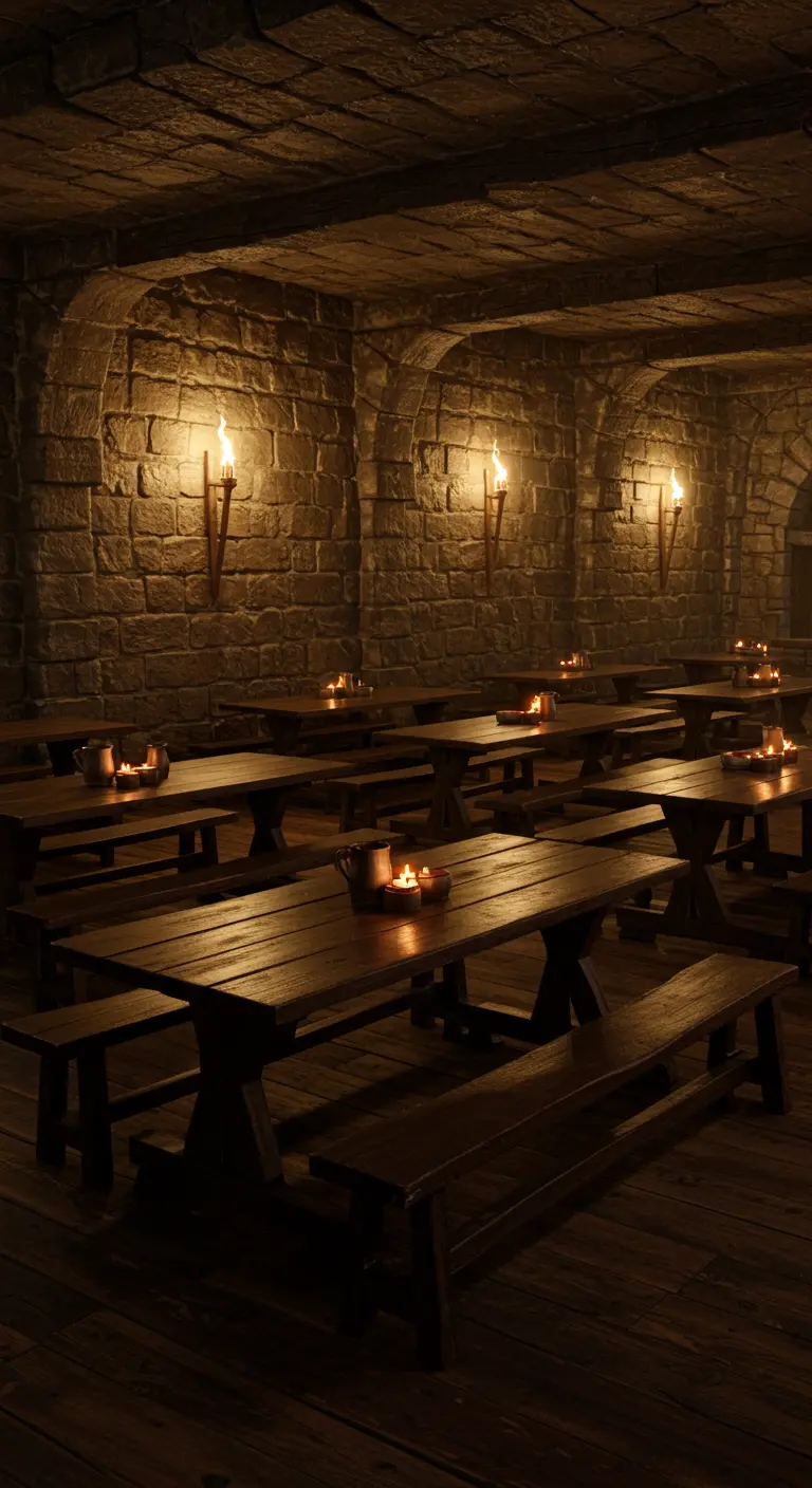 Salle de taverne sombre avec des murs en pierre, des tables en bois et un éclairage à la torche.