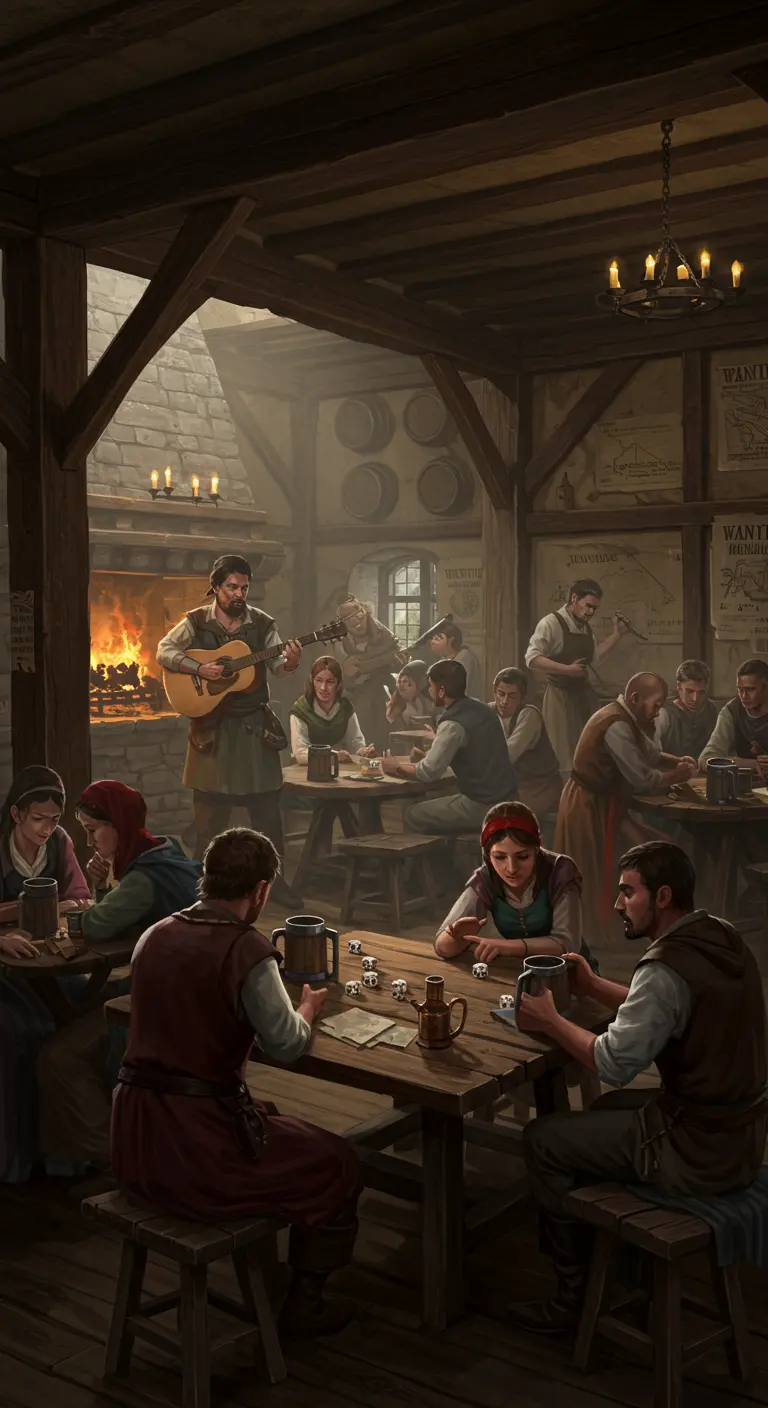 Scène animée dans une taverne médiévale avec un musicien et des joueurs de dés.