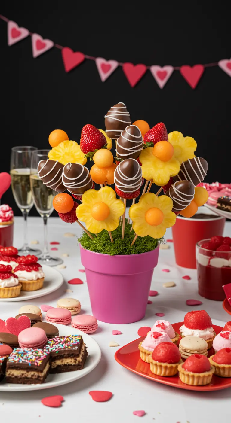 Bouquet comestible de fraises enrobées de chocolat et d'ananas dans un pot rose.