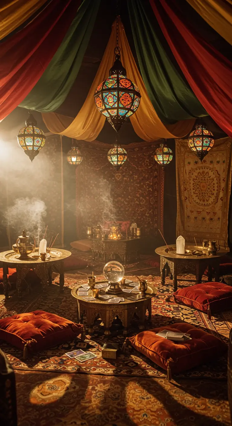 Intérieur d'une tente de voyante avec boule de cristal, fumée et lanternes.