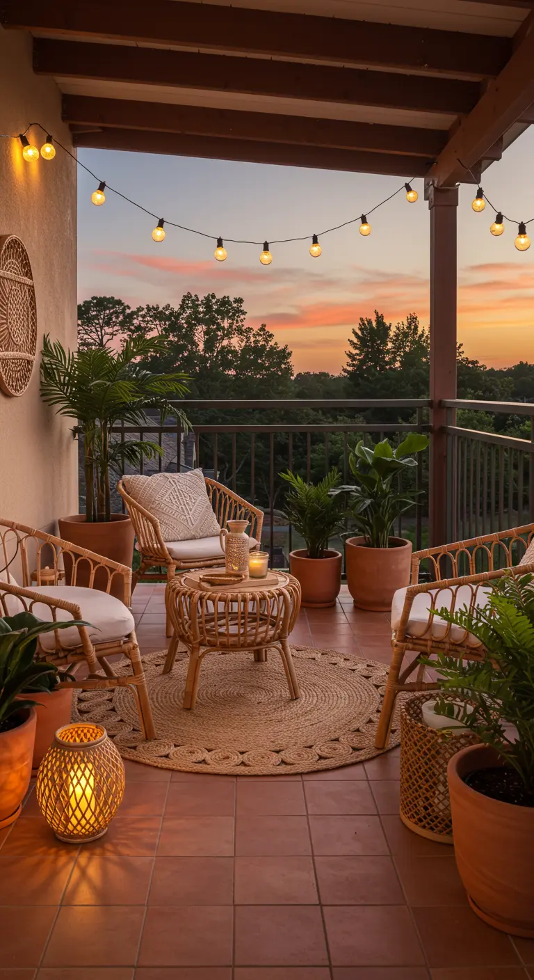 Terrasse de style méditerranéen avec des meubles en rotin, un tapis en jute et des plantes.