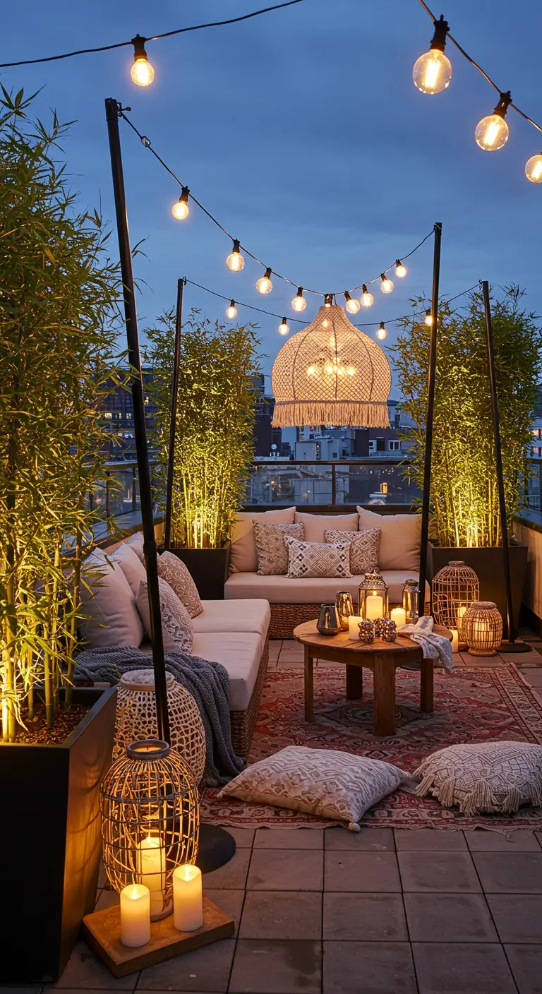 Rooftop avec des guirlandes tendues sur des poteaux, des plantes en pot et un lustre en macramé.