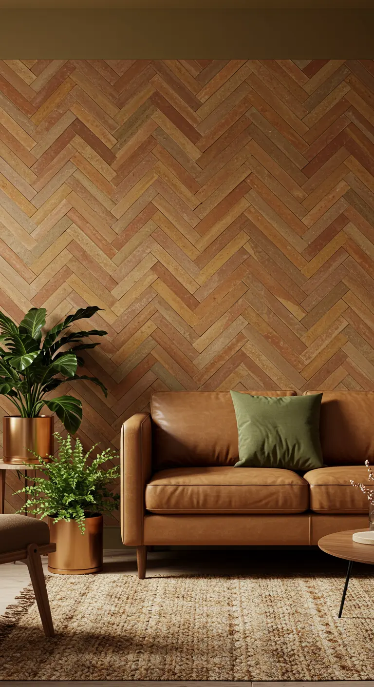 Mur d'accent en briquettes de terre cuite posées en chevrons derrière un canapé en cuir.