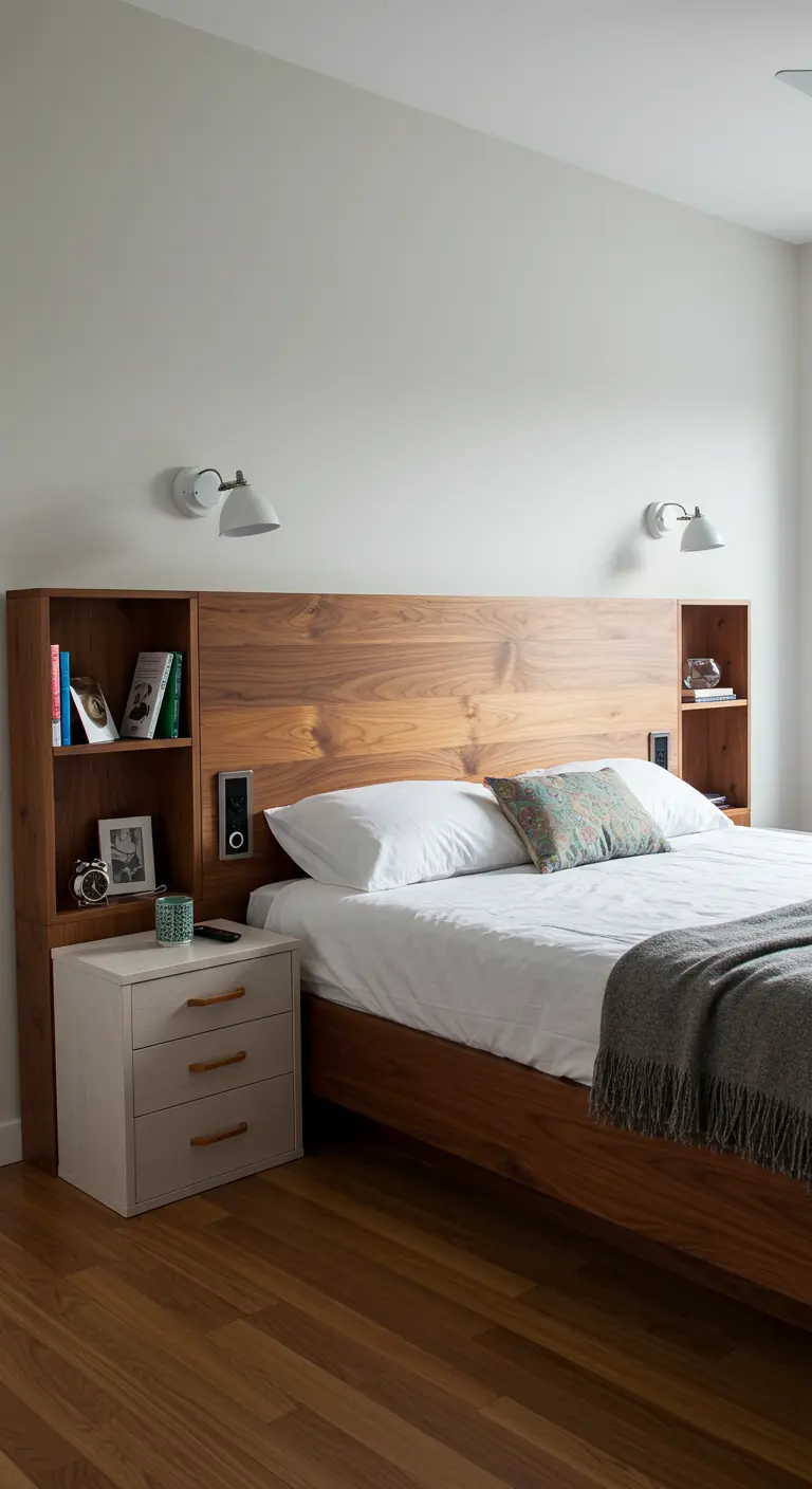 Tête de lit en bois avec des étagères et des niches de rangement intégrées de chaque côté.