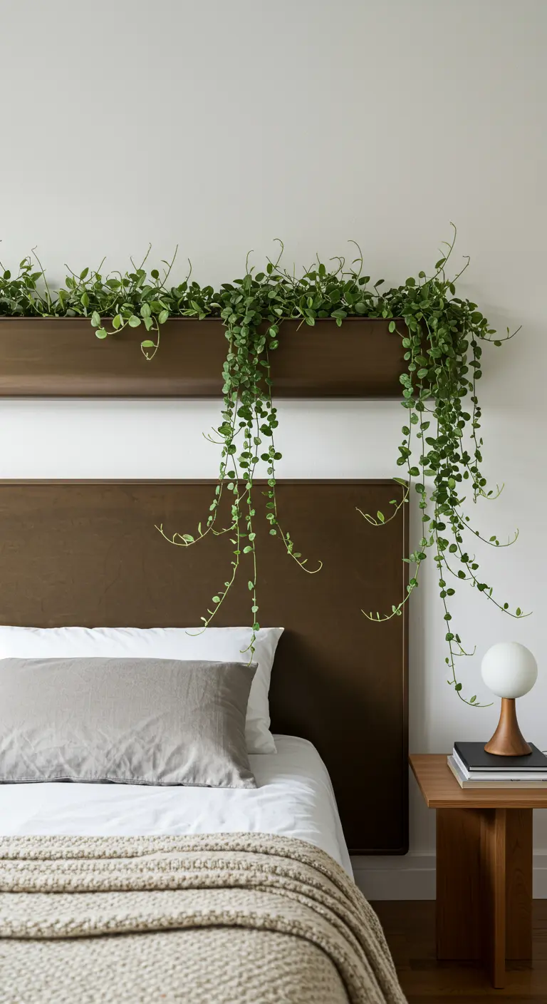 Une longue jardinière au-dessus d'un lit avec des plantes retombant le long de la tête de lit.
