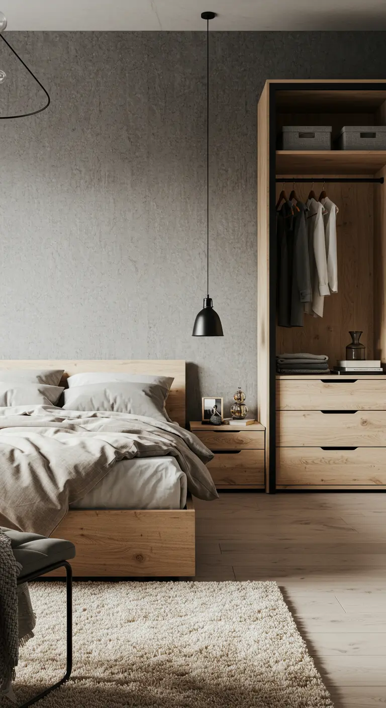 Chambre de style industriel avec un mur effet béton et des meubles en bois clair.