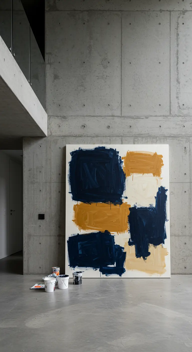 Très grande toile de peinture abstraite avec des aplats de bleu marine et d'ocre, posée au sol.