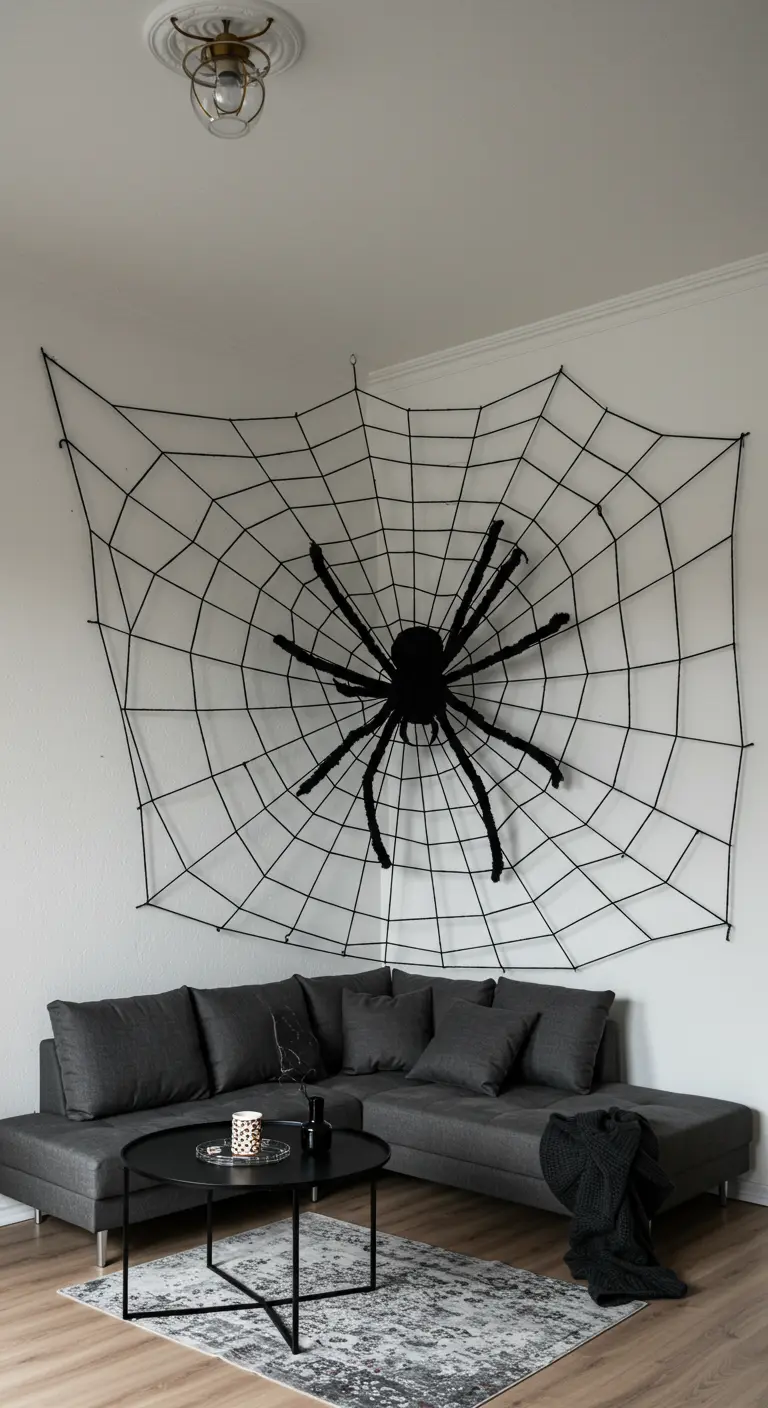 Une immense toile d'araignée noire en fil tendu dans le coin d'un salon au-dessus d'un canapé gris.