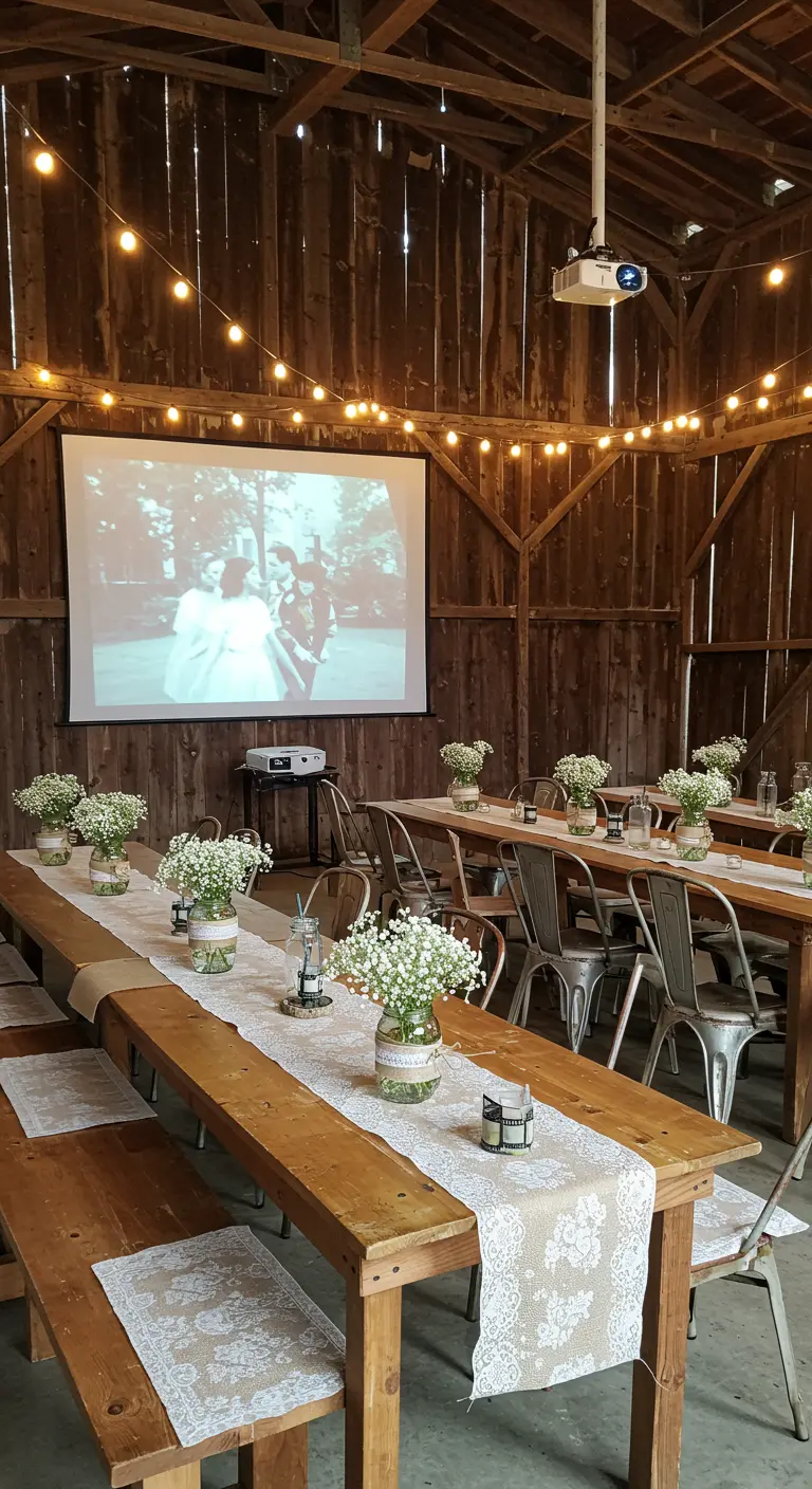 Projection de film dans une grange rustique avec des tables en bois et des guirlandes lumineuses.