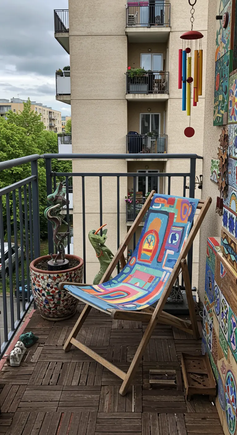 Chaise longue avec une toile artistique colorée sur un balcon éclectique.