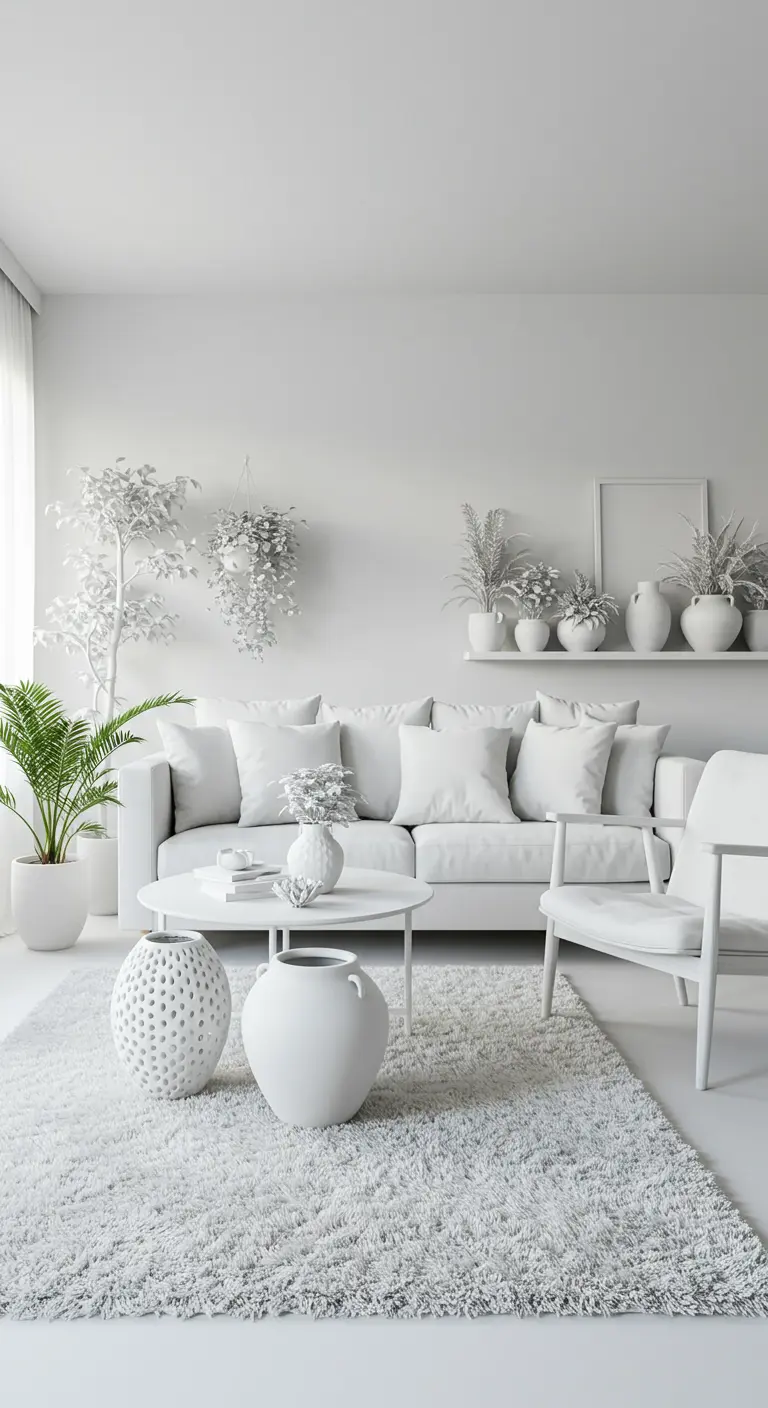 Salon entièrement blanc avec des meubles, des objets et des plantes artificielles peintes en blanc.