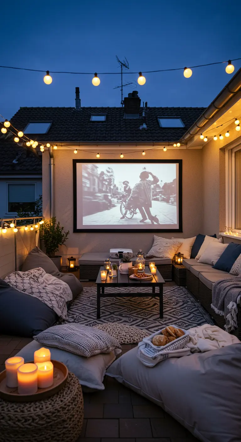 Terrasse aménagée en cinéma en plein air avec un écran, des guirlandes et des coussins.