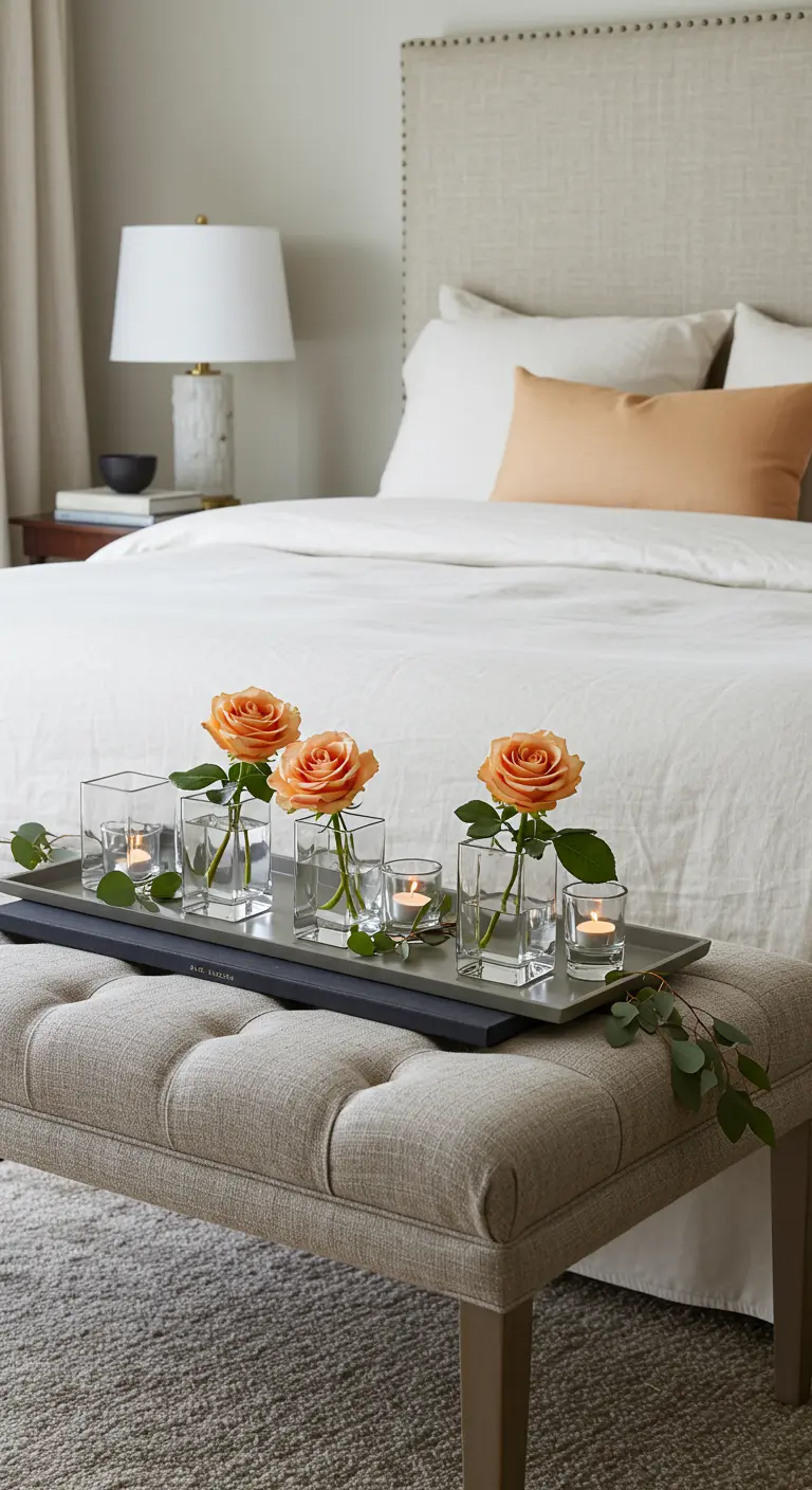 Plateau avec des roses dans des vases carrés et des bougies sur un banc de lit.