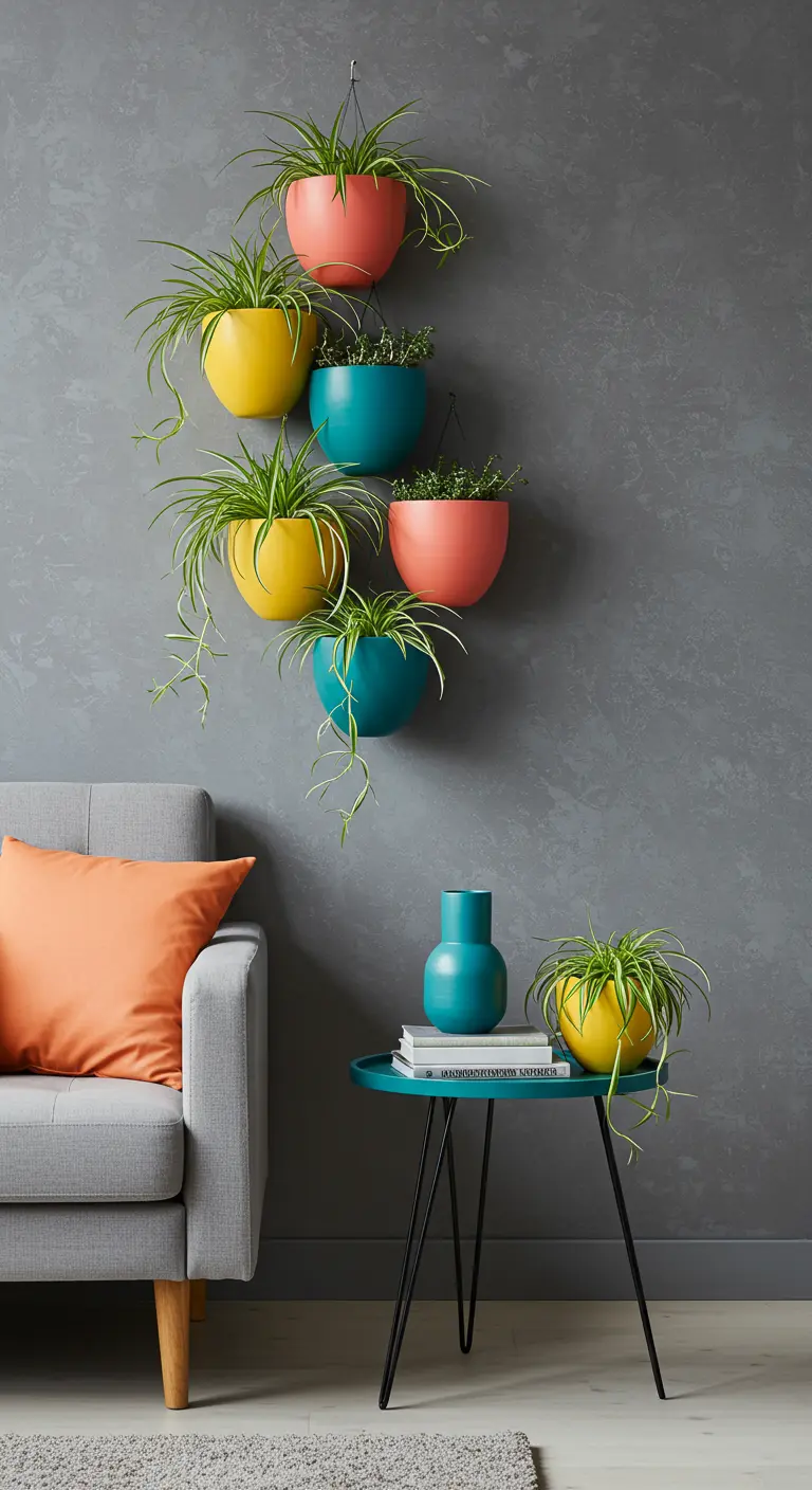Pots suspendus colorés (jaune, corail, turquoise) sur un mur gris foncé.