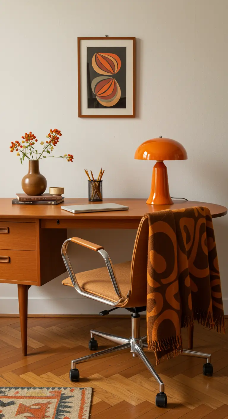 Bureau vintage en teck avec une lampe champignon orange et un plaid à motifs graphiques 70s.