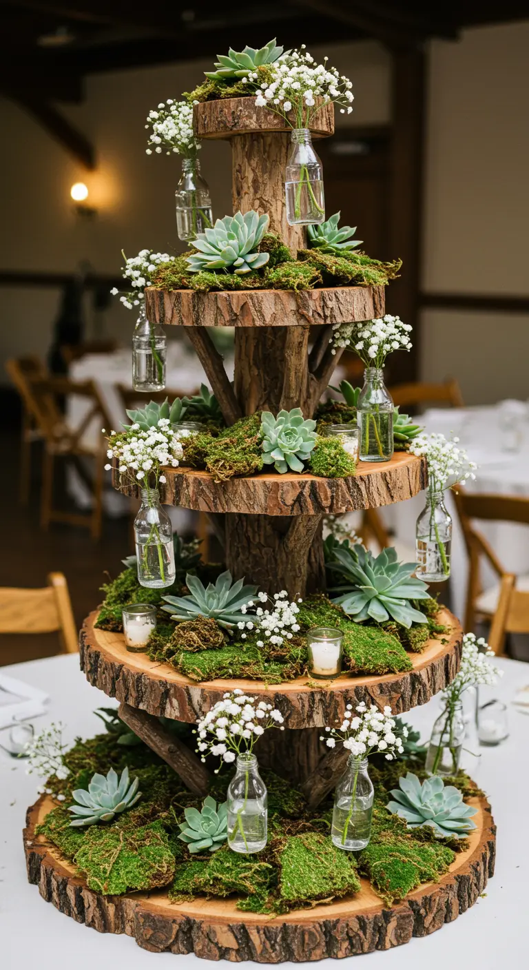 Grande structure en bois à étages avec mousse, succulentes et fleurs.