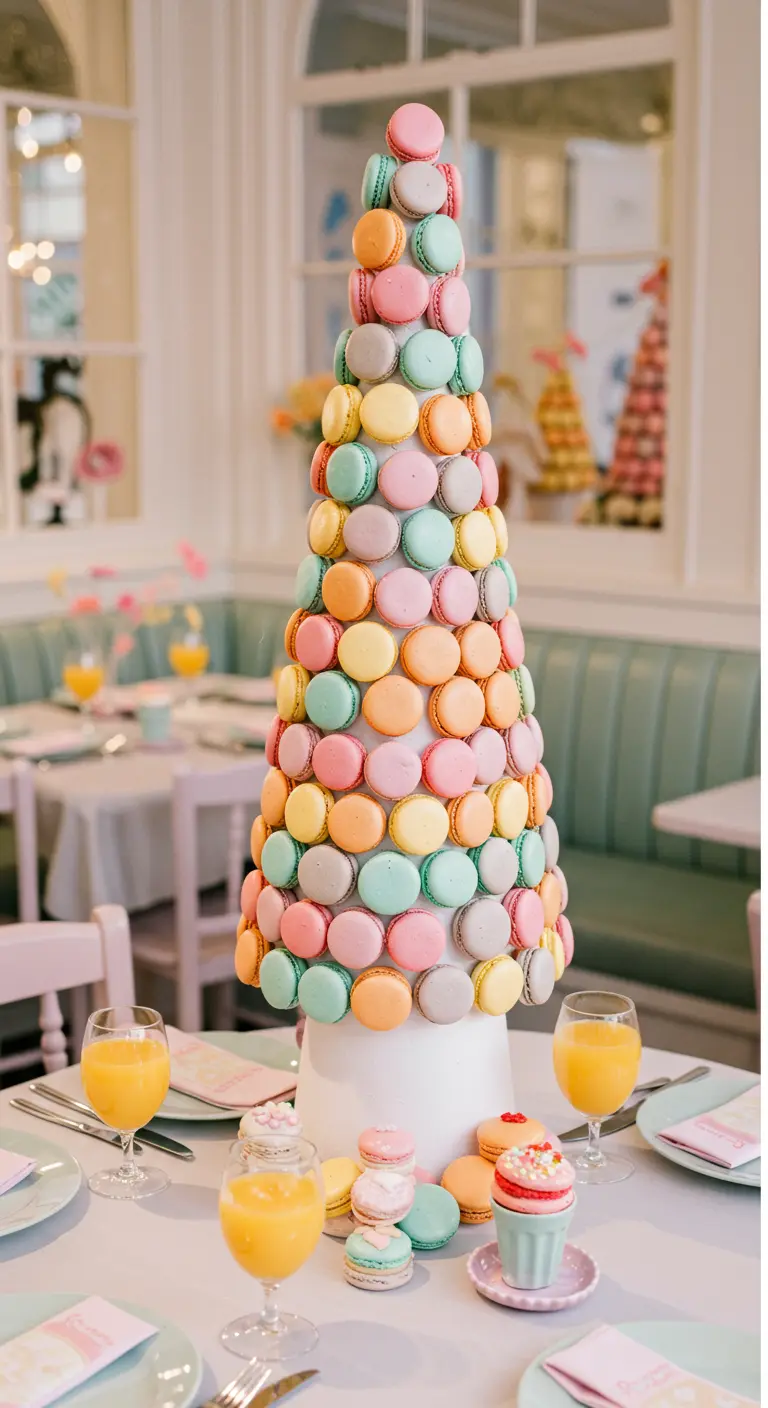 Haute tour de macarons de toutes les couleurs pastel, formant un sapin sur une table de fête.