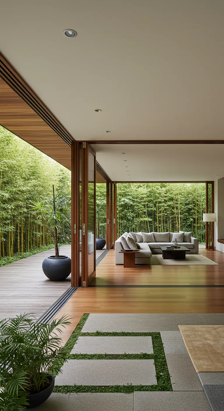 Salon ouvert sur une terrasse en bois et une forêt de bambous, créant une transition fluide.