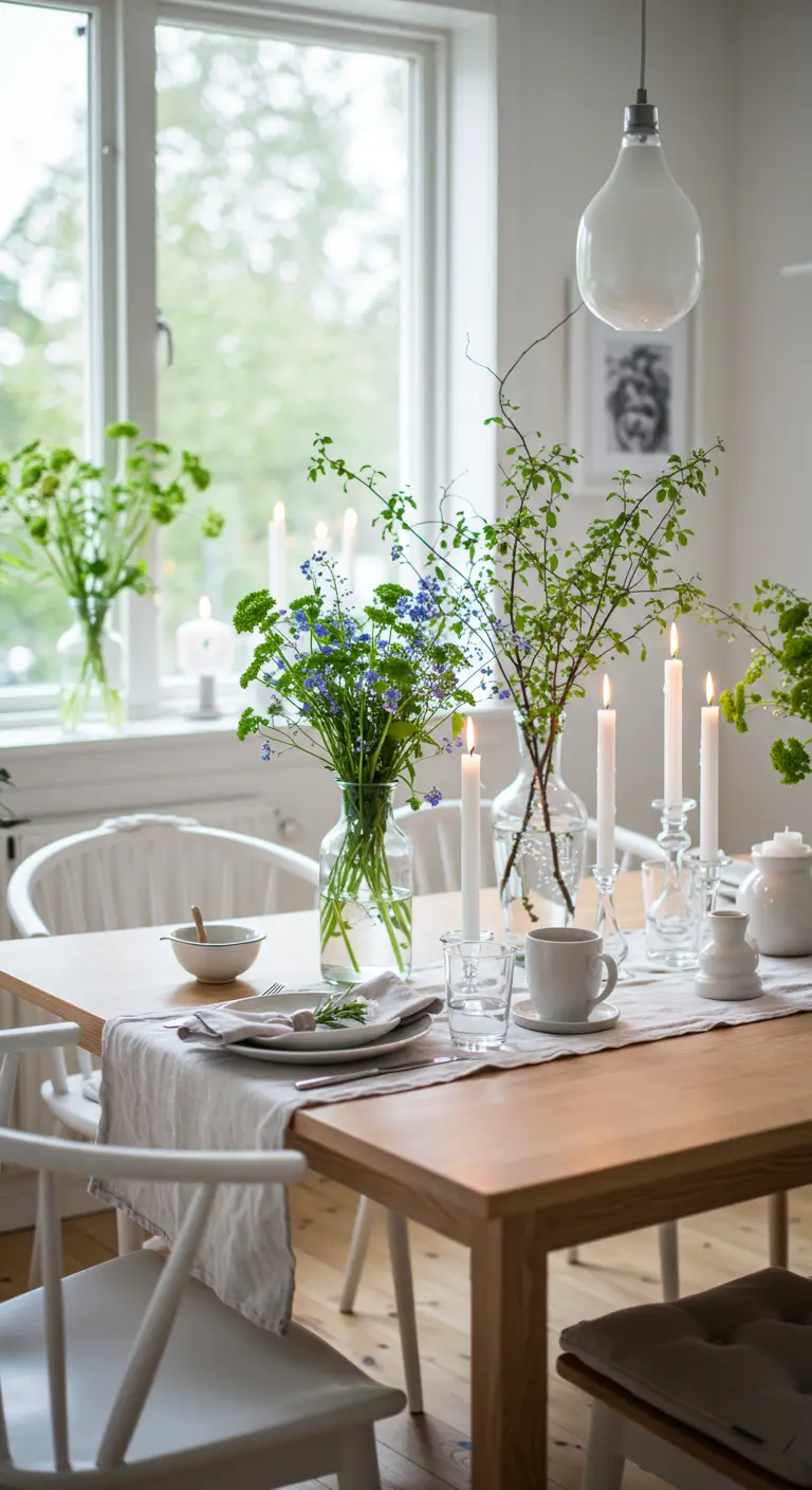 Vases en verre avec fleurs sauvages bleues sur une table à manger.