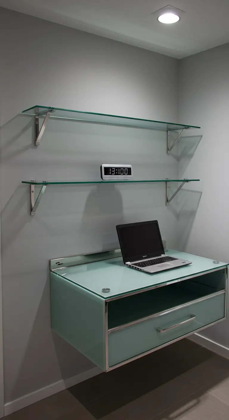 Bureau flottant moderne avec un plateau et des étagères en verre, et une structure chromée.