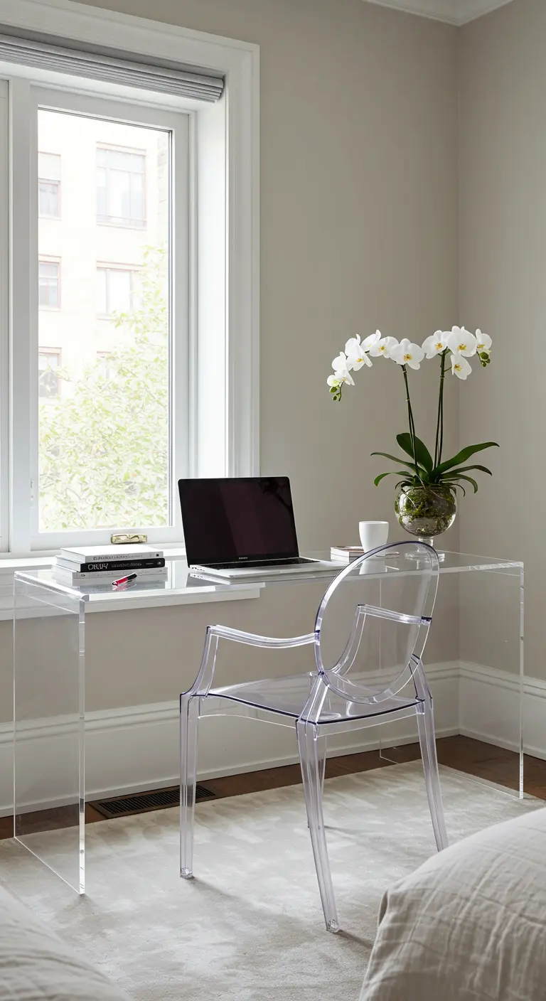 Bureau et chaise transparents en acrylique près d'une fenêtre dans une chambre lumineuse.