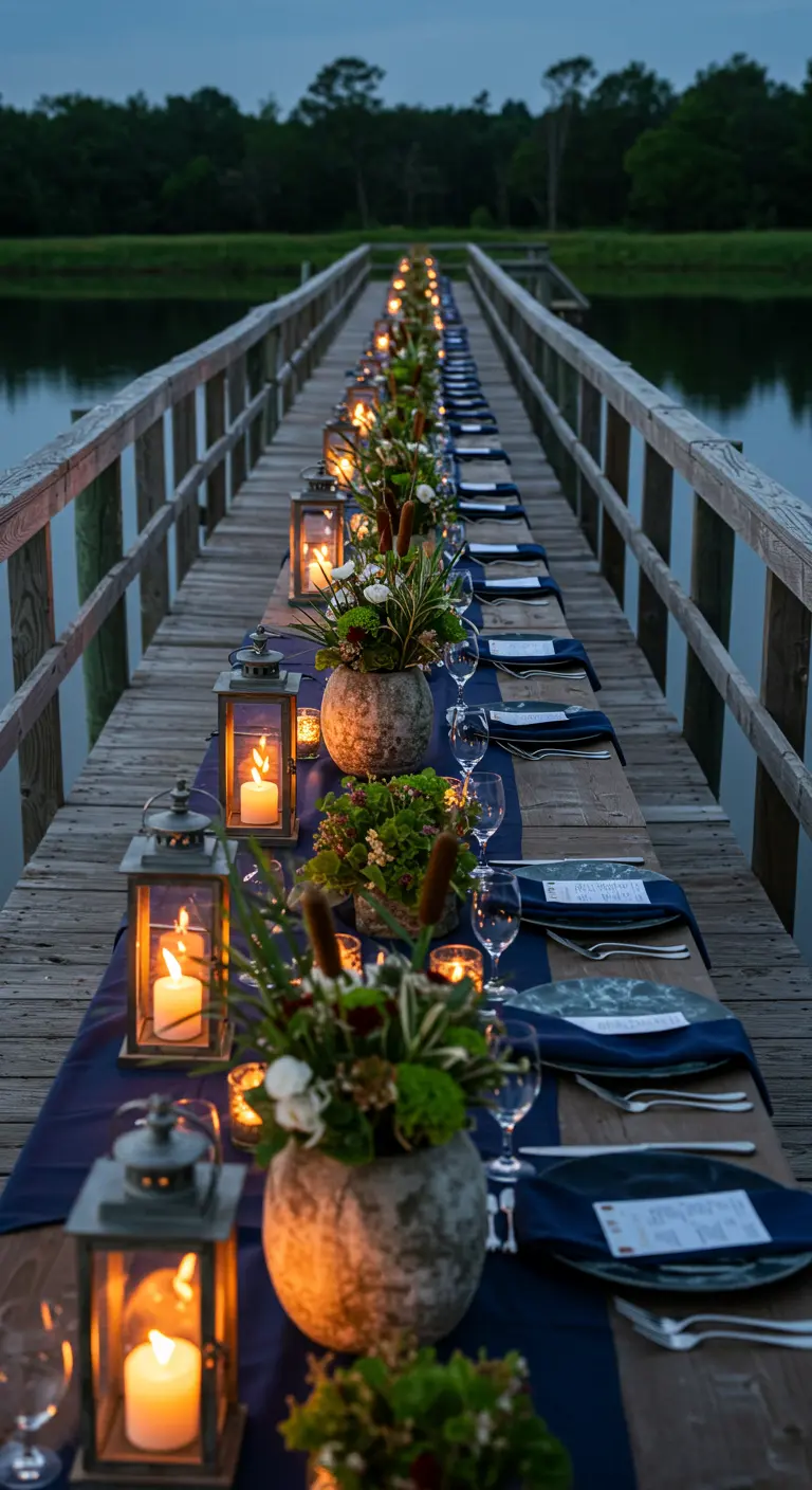 Table dressée sur un ponton au crépuscule avec des lanternes et des fleurs.