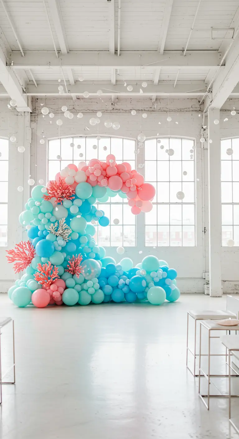 Une sculpture de vague faite de ballons bleus et roses, avec des coraux.