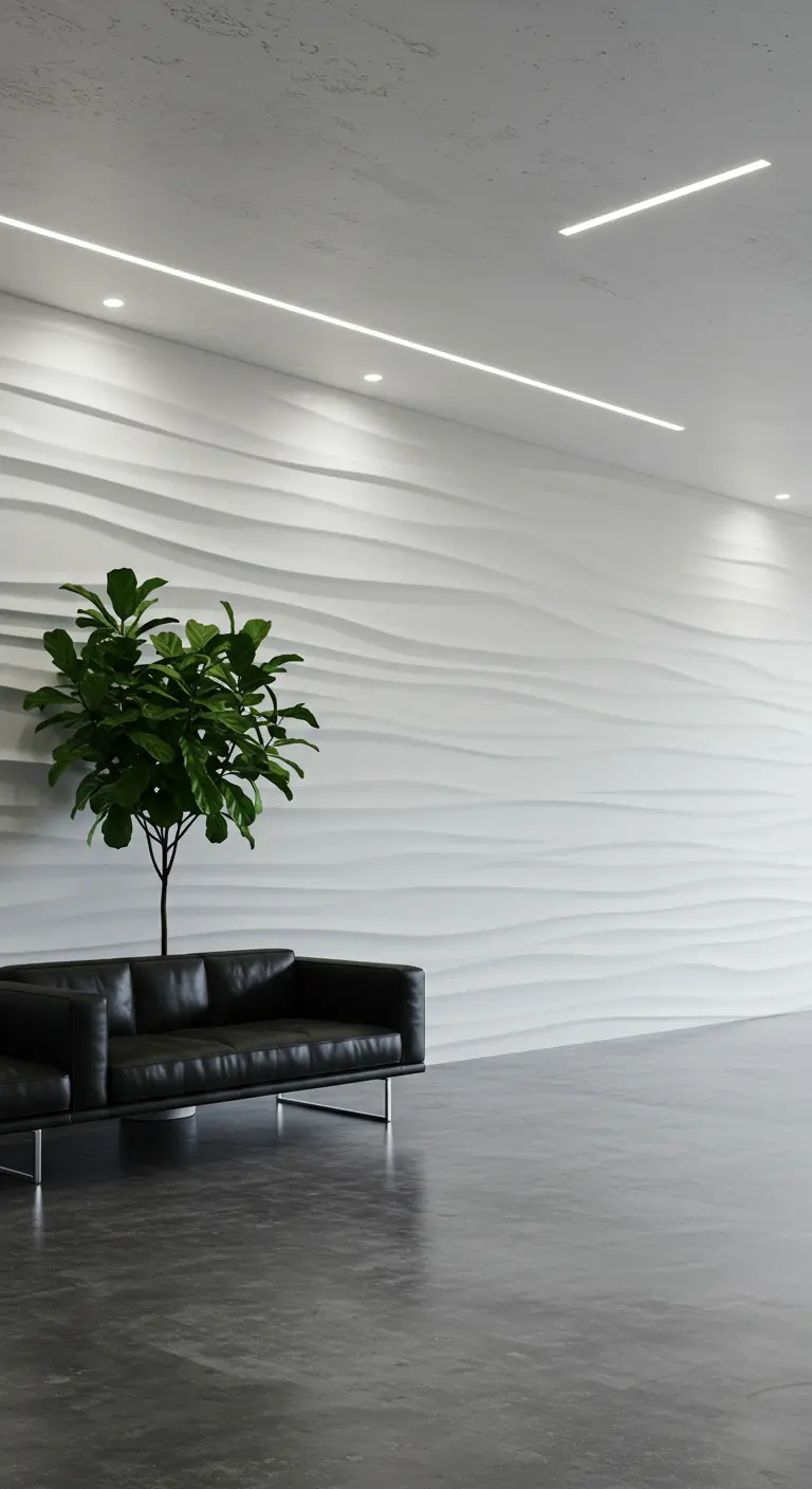 Mur blanc texturé avec des vagues horizontales derrière un canapé en cuir noir.