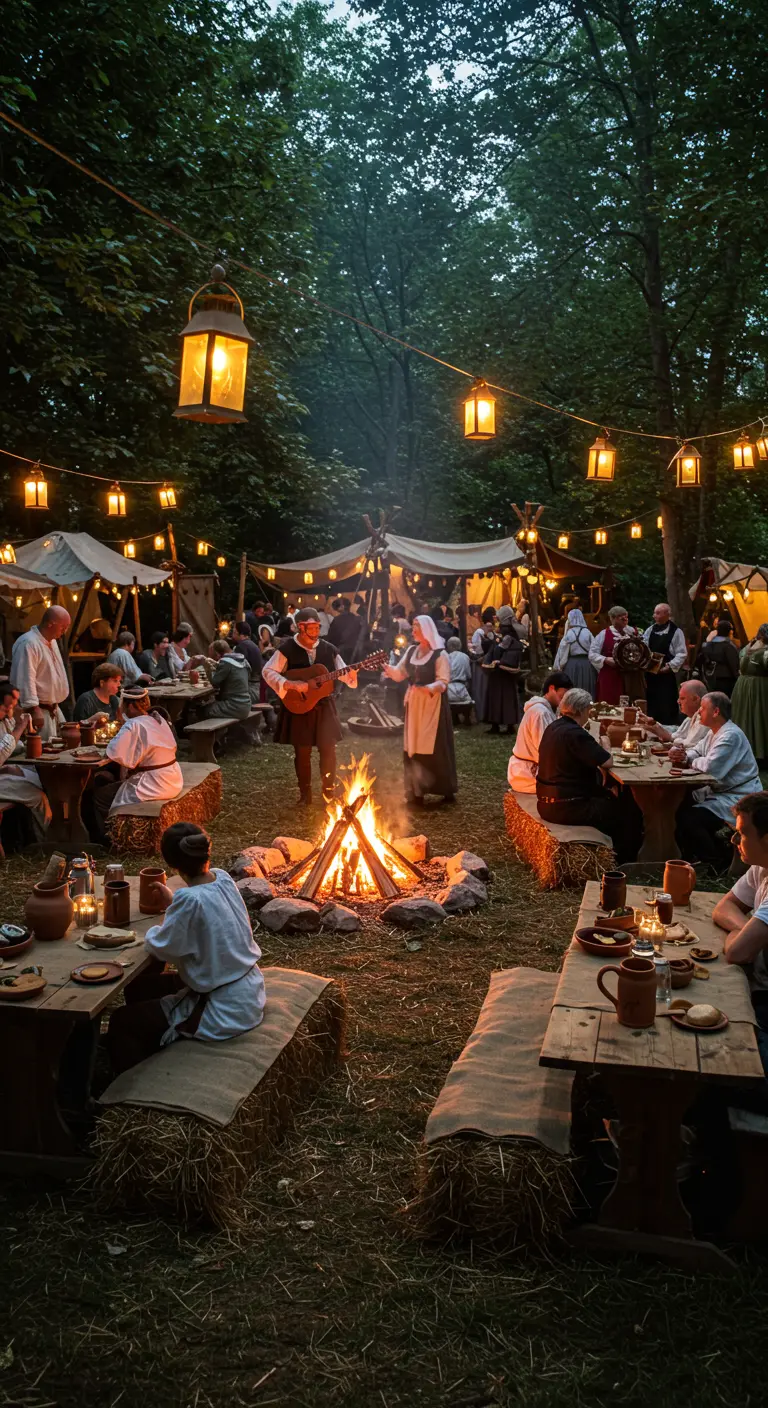 Fête médiévale en forêt autour d'un feu de camp avec des musiciens.