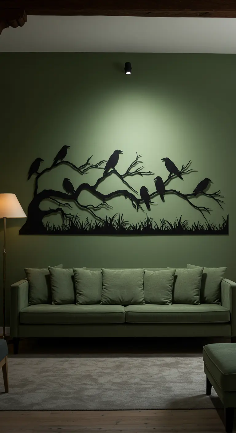 Une grande silhouette noire de corbeaux sur une branche, fixée au mur vert au-dessus d'un canapé vert.