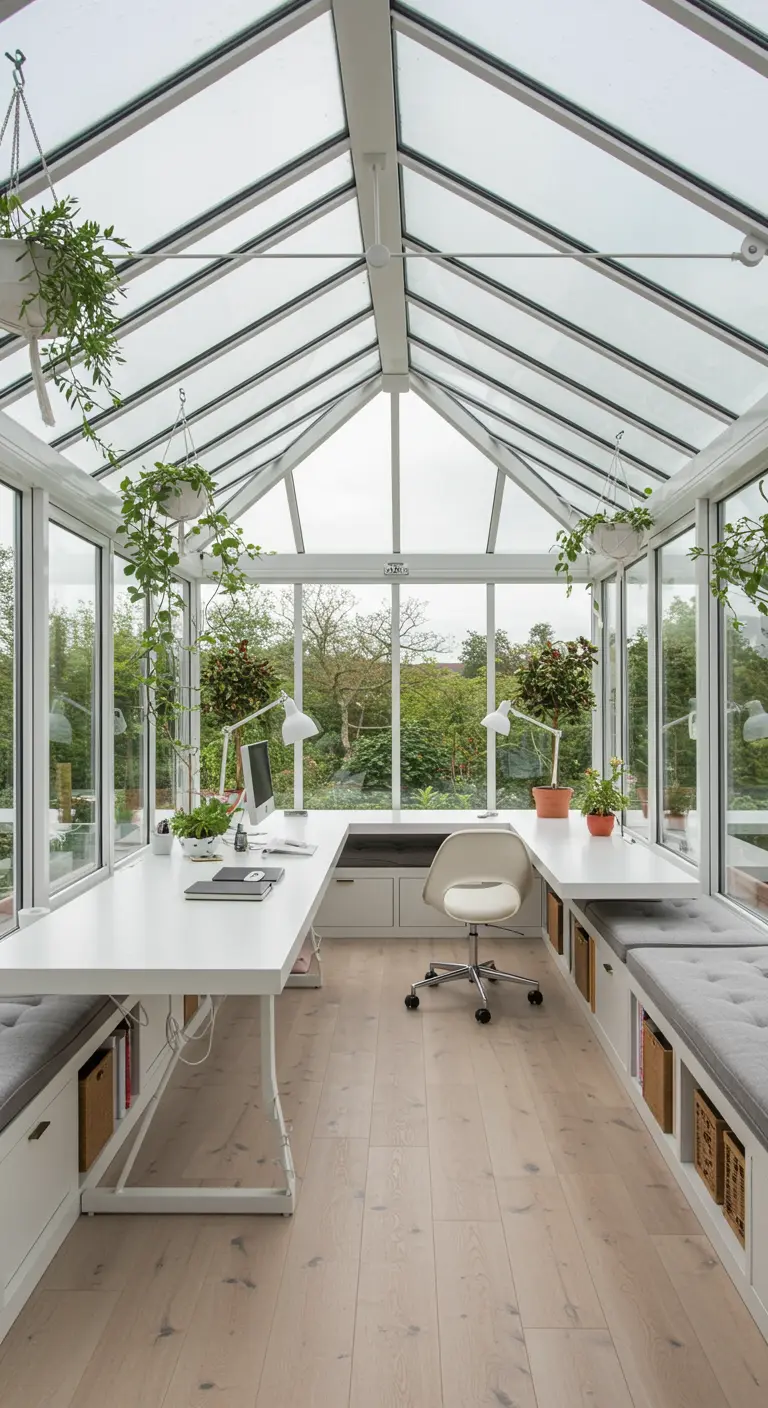Bureau lumineux aménagé dans une grande verrière blanche, entouré de plantes.
