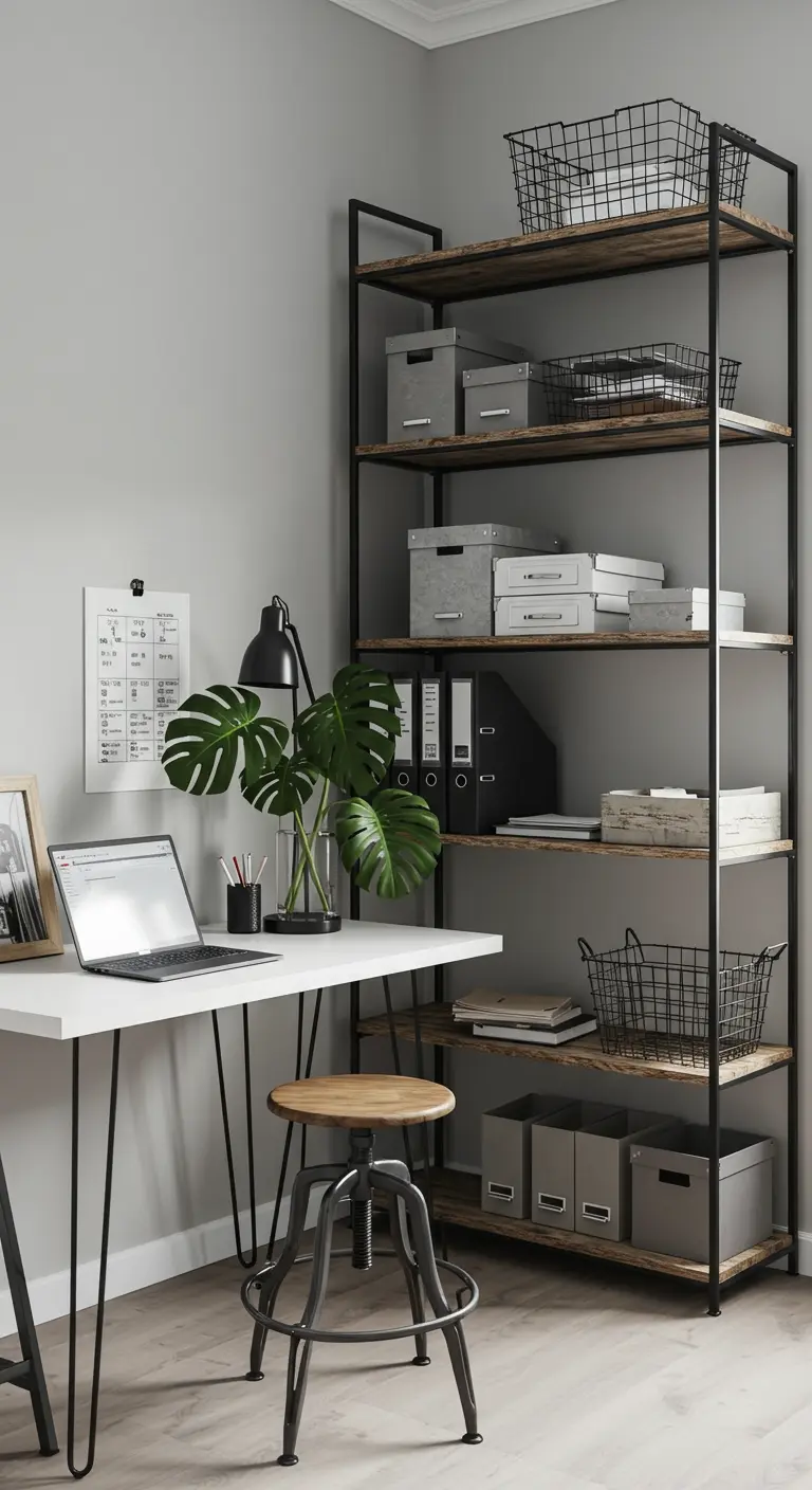 Bureau blanc avec pieds épingle à côté d'une grande étagère industrielle en métal et bois.