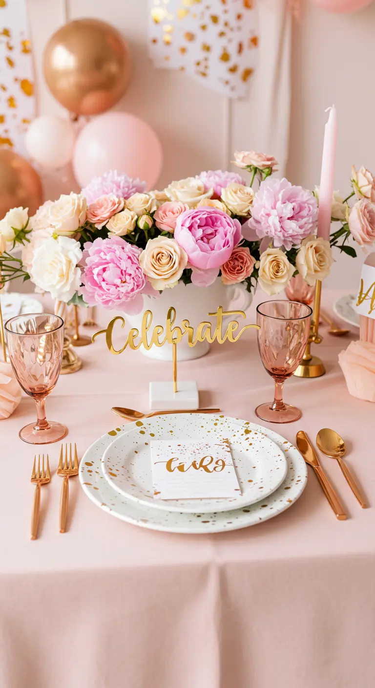 Table d'anniversaire rose et or avec des ballons, des fleurs et le mot 