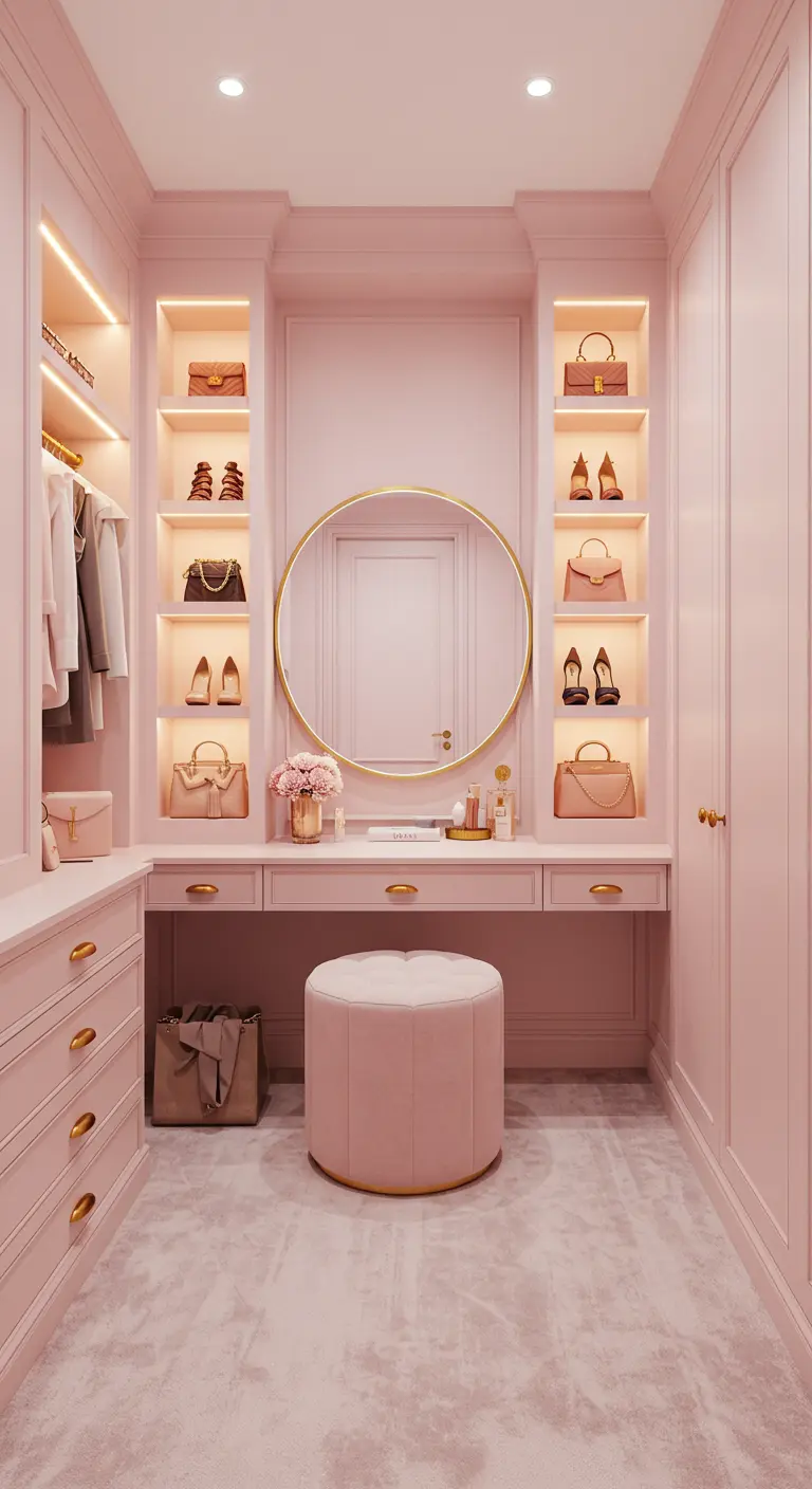 Dressing entièrement rose poudré avec une coiffeuse centrale et un miroir rond doré.