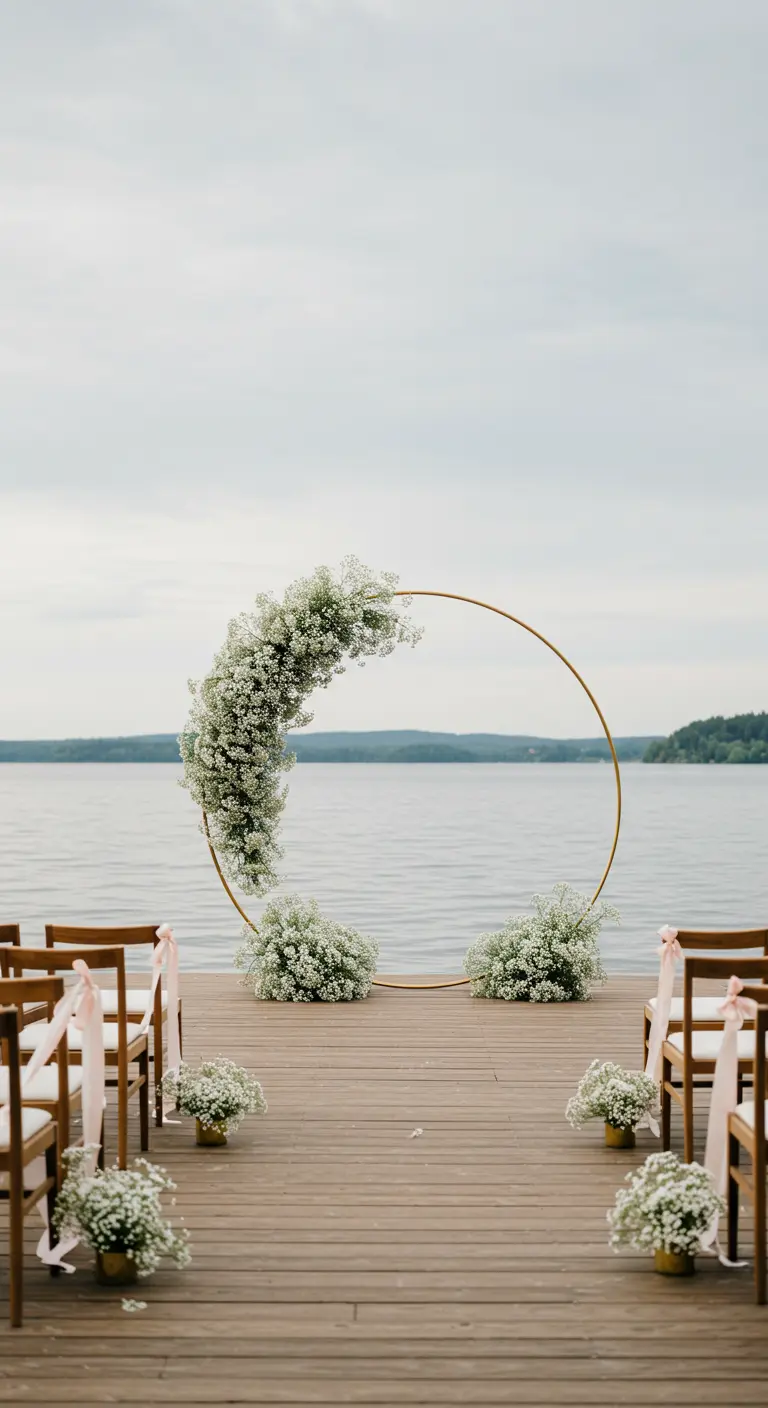 Arche circulaire dorée avec une composition asymétrique de gypsophile au bord de l'eau.