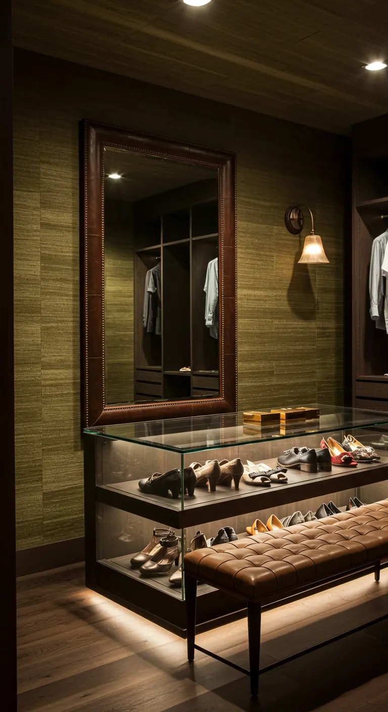 Dressing masculin avec un îlot central vitré, un banc en cuir et des murs texturés.