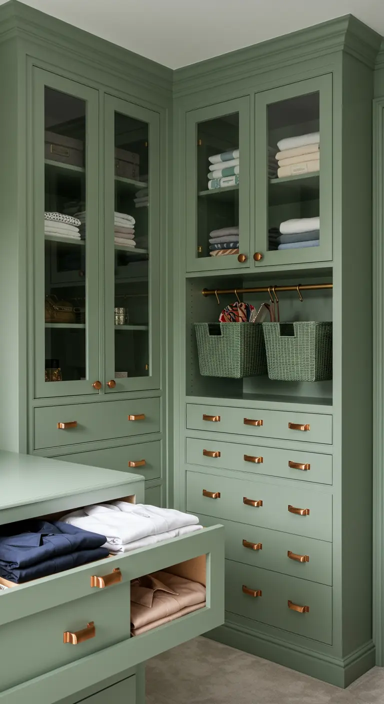 Dressing vert sauge avec portes vitrées et poignées en cuivre.