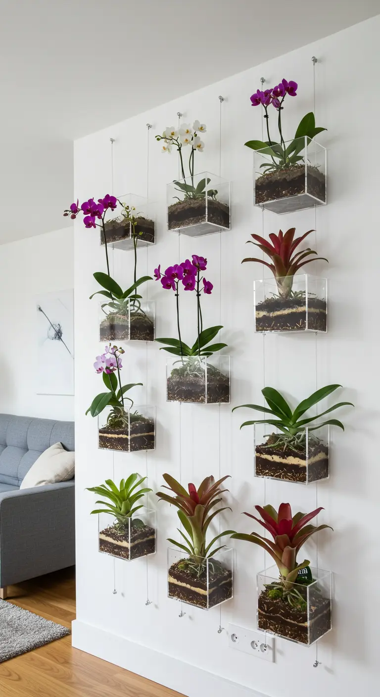 Mur blanc avec des boîtes en acrylique transparentes suspendues, contenant des orchidées.